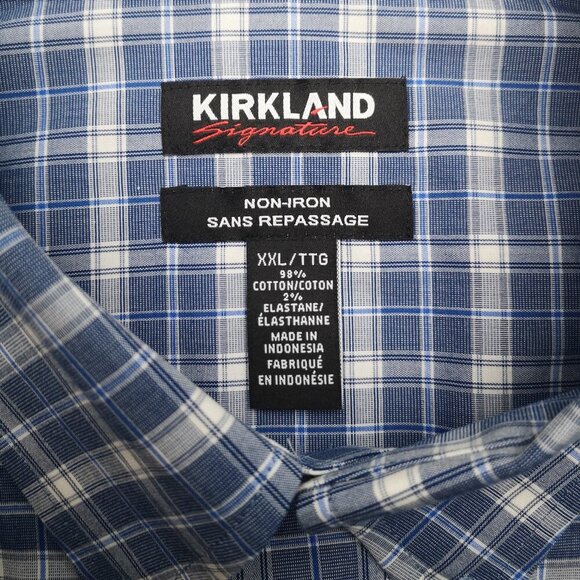 NWT Kirkland Signature Non-Iron Men's Size XXL Blue & White Plaid Stretch Shirt - Picture 4 of 9